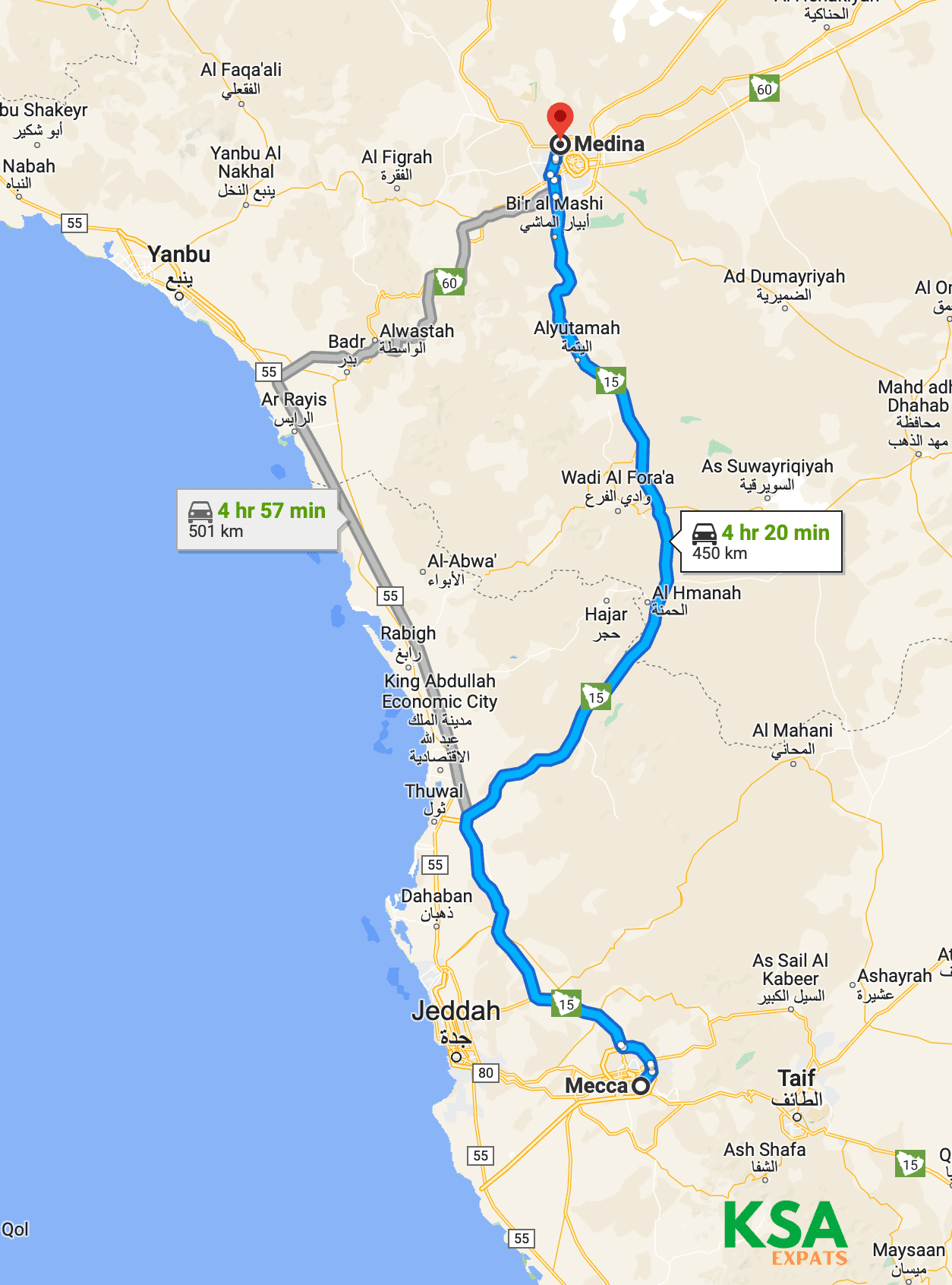 Google map showing Makkah to Madinah distance (Mecca to Medina).